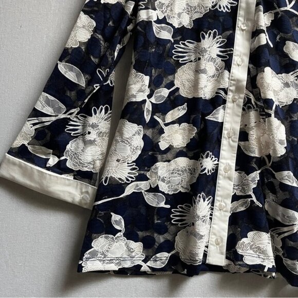 NWT Anne Fontaine Vaxy Navy And White Floral Lace Poplin 3/4 Sleeve Shirt - Picture 8 of 12